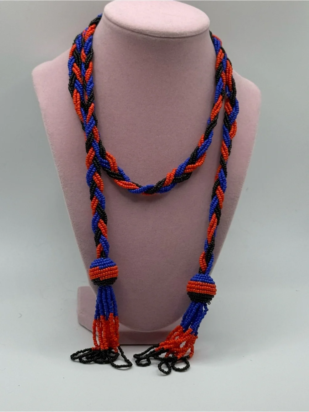 Braided Seed Bead Long Necklace - Blue, Red & Black